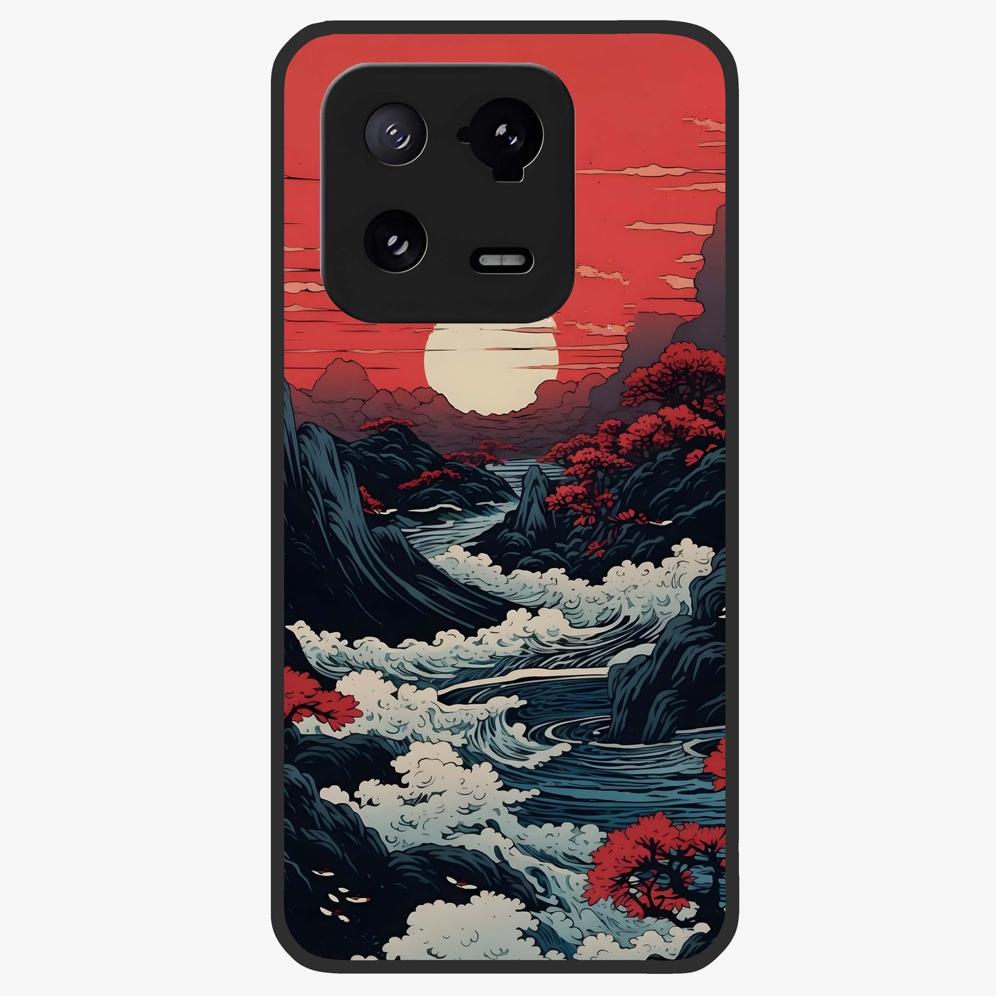 Red Sunset Scenery Glass Case showing flat back view with vibrant sunset landscape artwork and glossy glass finish.