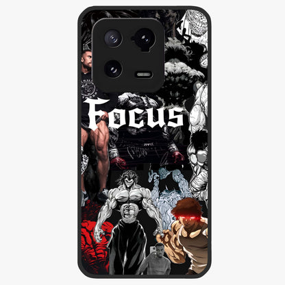 Relentless Power Focus Glass Case showing flat back view with motivational typography artwork and glossy glass finish.