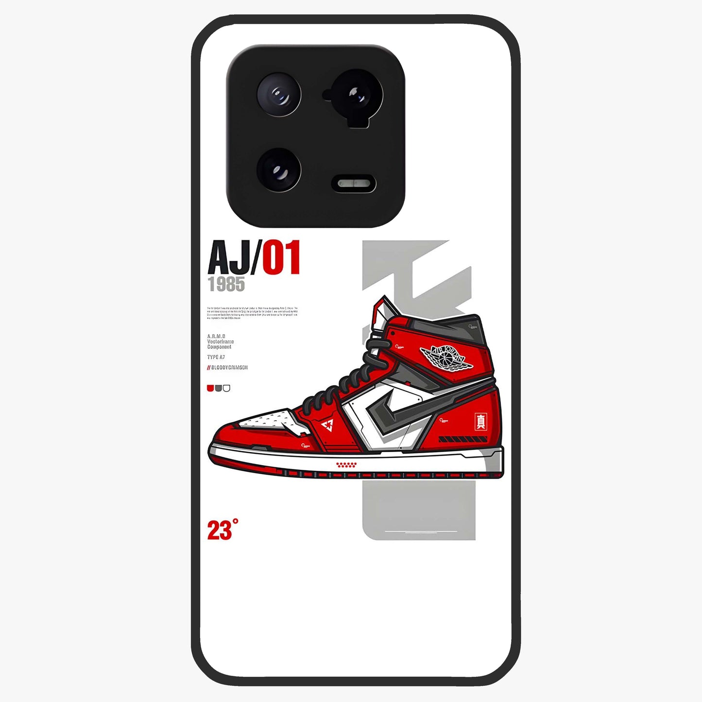 Retro Sneaker Blueprint Glass Case showing flat back view with sneaker blueprint style artwork and glossy glass finish.