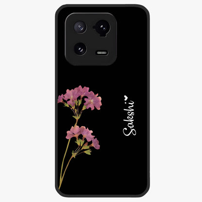 Riching Lavender Flower Custom Name Glass Case showing flat back view with lavender floral artwork and personalized name design.