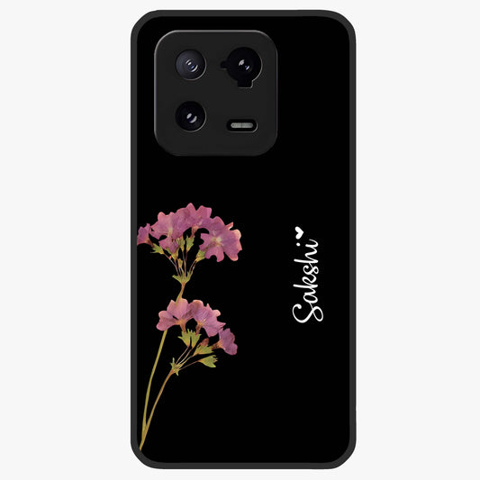 Riching Lavender Flower Custom Name Glass Case showing flat back view with lavender floral artwork and personalized name design.