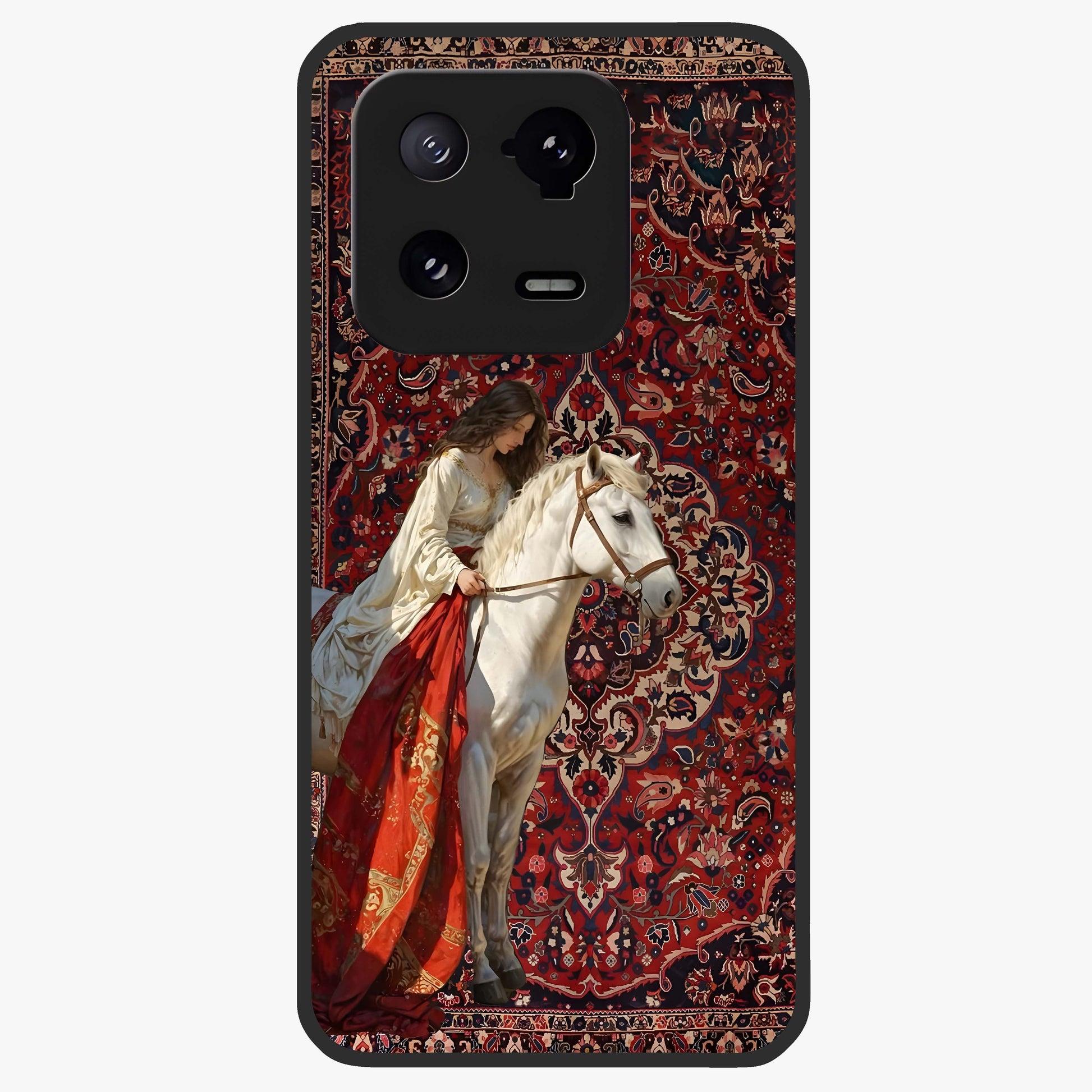 Royal Rider Tapestry Glass Case showing flat back view with majestic horse rider tapestry artwork and glossy glass finish.