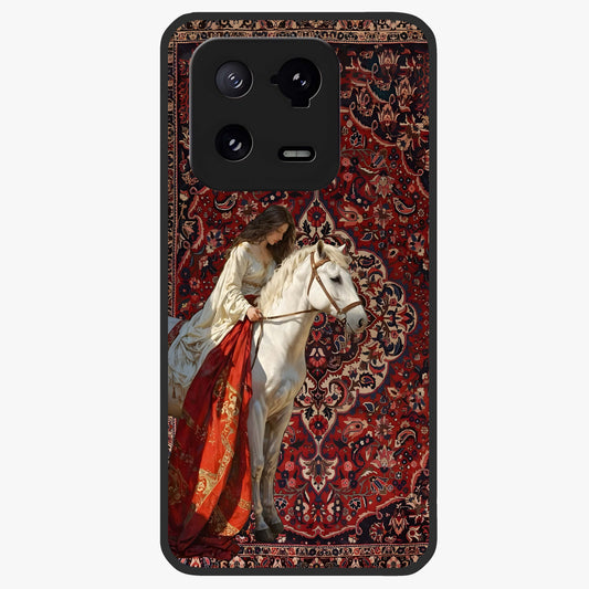 Royal Rider Tapestry Glass Case showing flat back view with majestic horse rider tapestry artwork and glossy glass finish.