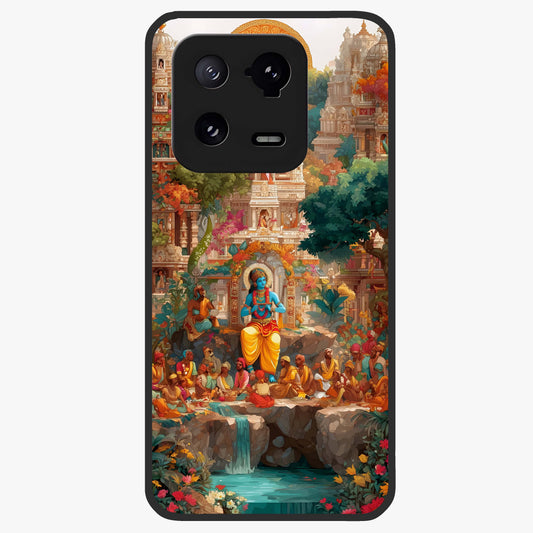 Sacred Sunlight Gods Glass Case showing flat back view with divine sunlight themed artwork and glossy glass finish.