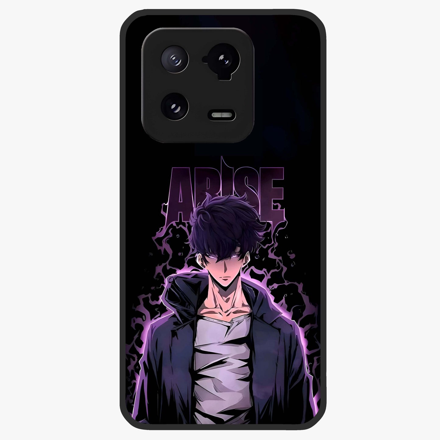 Shadow Monarch Awakening Glass Case showing flat back view with powerful dark monarch themed artwork and glossy glass finish.