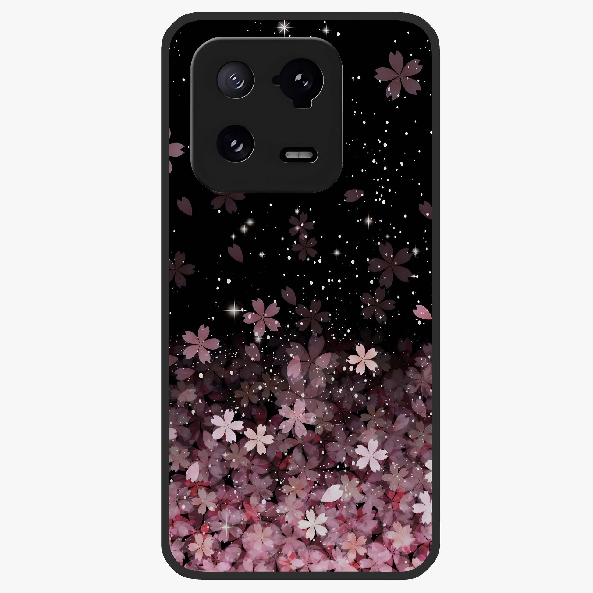 Small Starry Flowers Glass Case showing flat back view with delicate starry floral artwork and glossy glass finish.