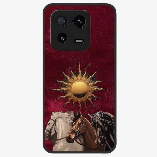 Solar Riders Glass Case showing flat back view with dynamic rider themed artwork and glossy glass finish.