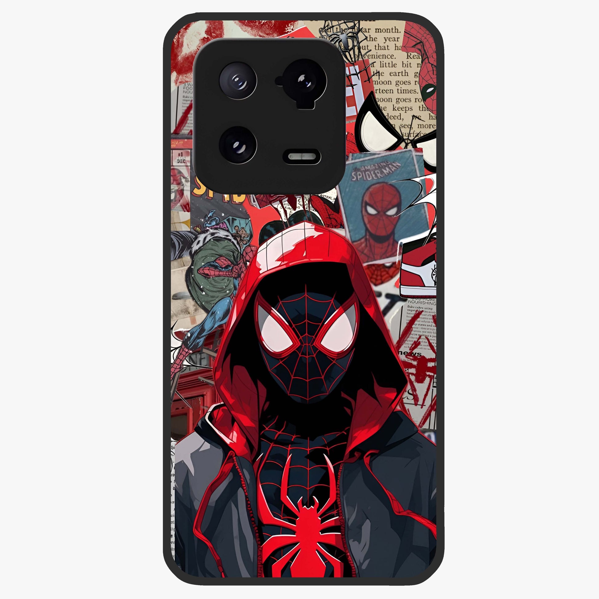 Spider Collage Street Glass Case showing flat back view with vibrant superhero collage artwork and glossy glass finish.