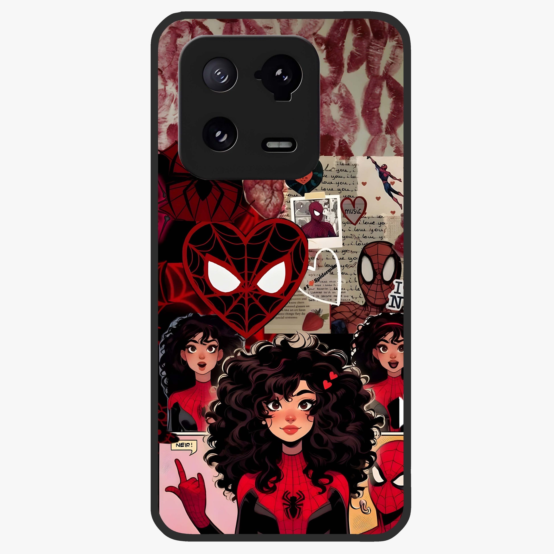 Spider Love Story Glass Case showing flat back view with romantic superhero themed artwork and glossy glass finish.