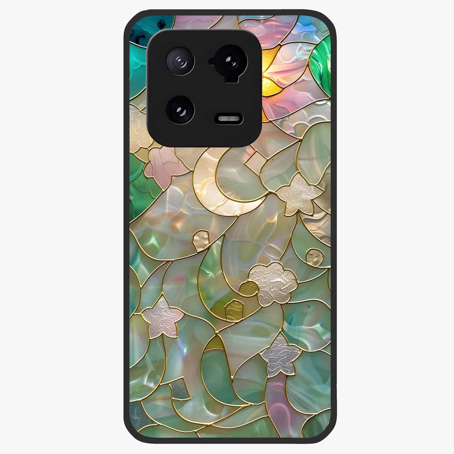 Stained Sunrise Glow Glass Case showing flat back view with glowing sunrise stained pattern artwork and glossy glass finish.