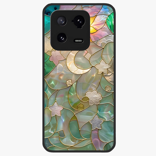 Stained Sunrise Glow Glass Case showing flat back view with glowing sunrise stained pattern artwork and glossy glass finish.