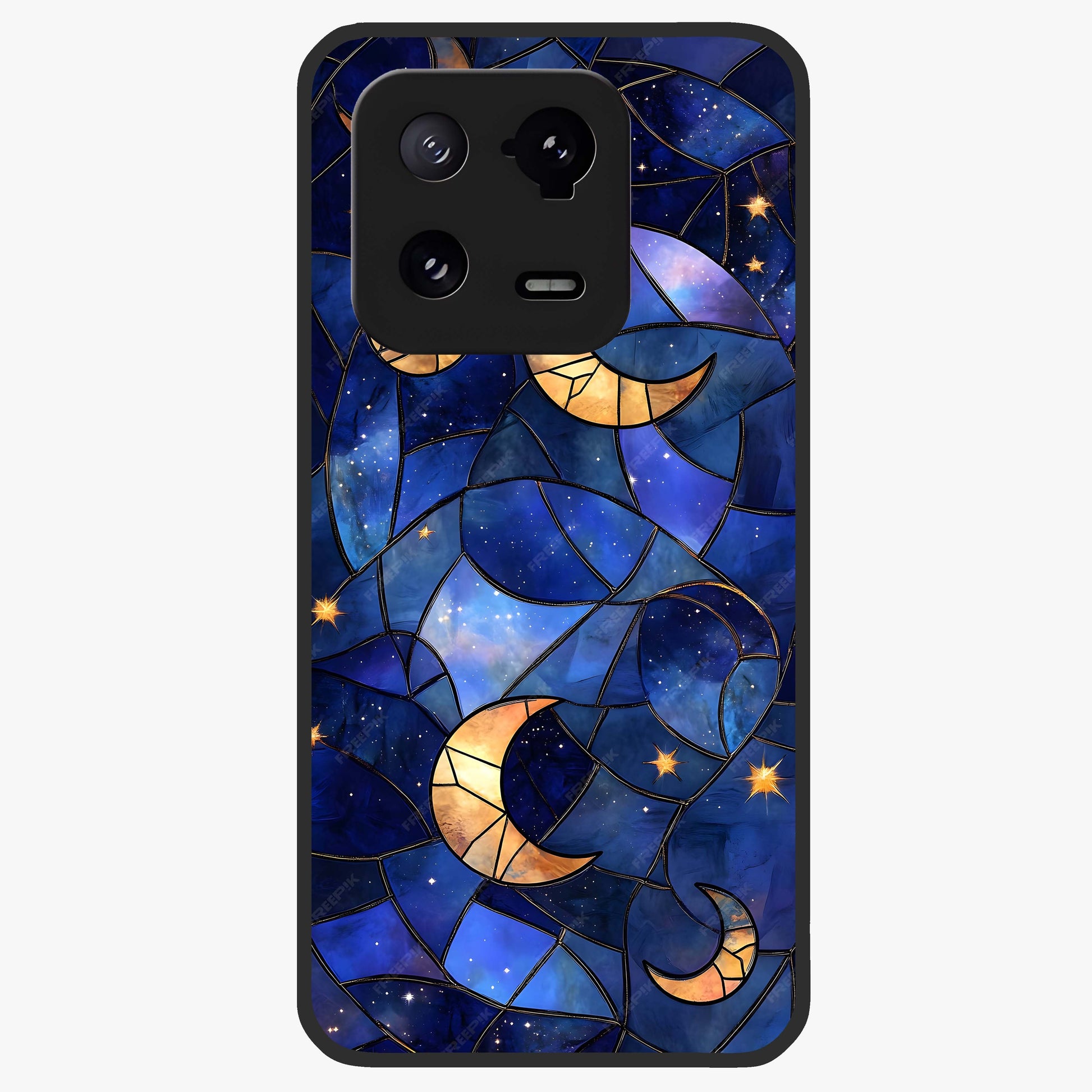Starlit Sky Tapestry Glass Case showing flat back view with decorative starry sky tapestry artwork and glossy glass finish.