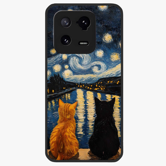 Starry River Cats Glass Case showing flat back view with cats by a starry river artwork and glossy glass finish.