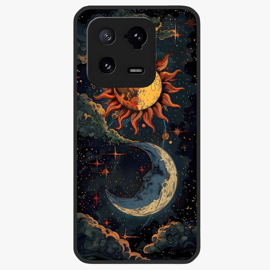 Sun And Moon Magic Design Glass Case showing flat back view with mystical sun and moon artwork and glossy glass finish.