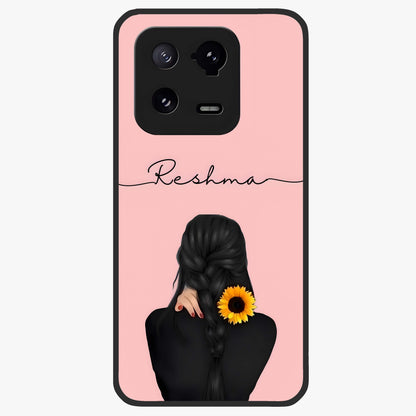 Sunflower Braid Beauty With Custom Name Glass Case showing flat back view with sunflower braid artwork and personalized name design.