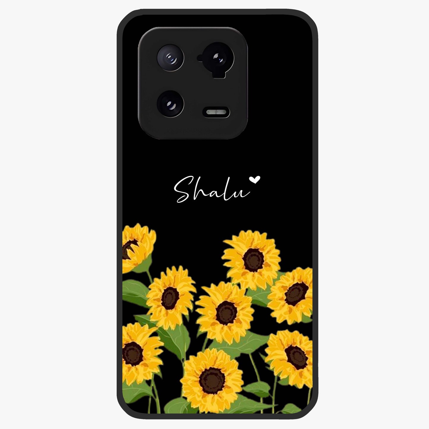 Sunflower Chic Mood Custom Name Glass Case showing flat back view with stylish sunflower artwork and personalized name design.