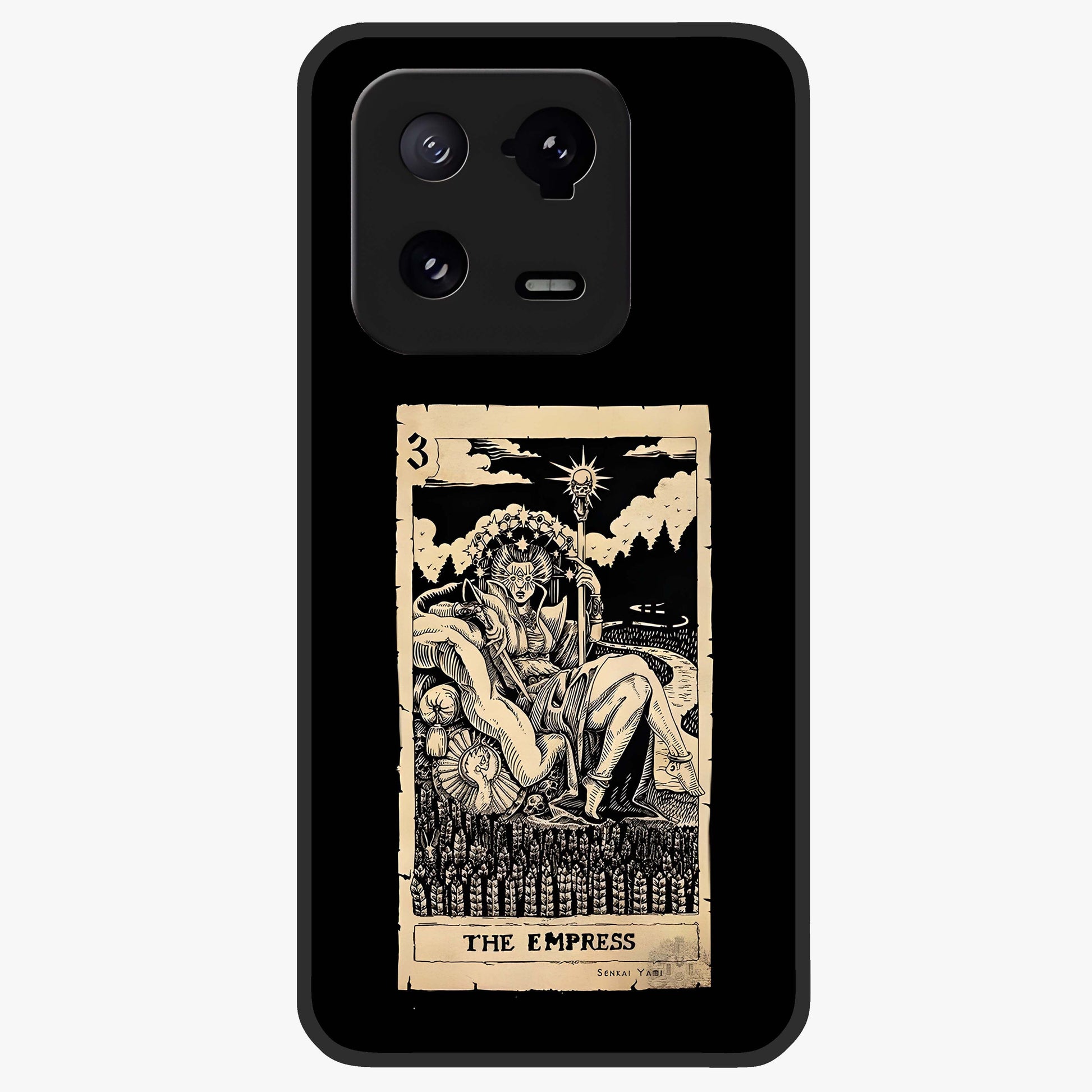The Empress Glass Case showing flat back view with regal feminine artwork and glossy glass finish.
