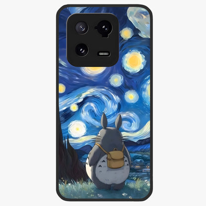 Totoro In Van Gogh Art Glass Case showing flat back view with whimsical character artwork inspired by Van Gogh style and glossy glass finish.