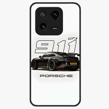 Turbo Legacy Icon Glass Case showing flat back view with iconic sports car inspired artwork and glossy glass finish.