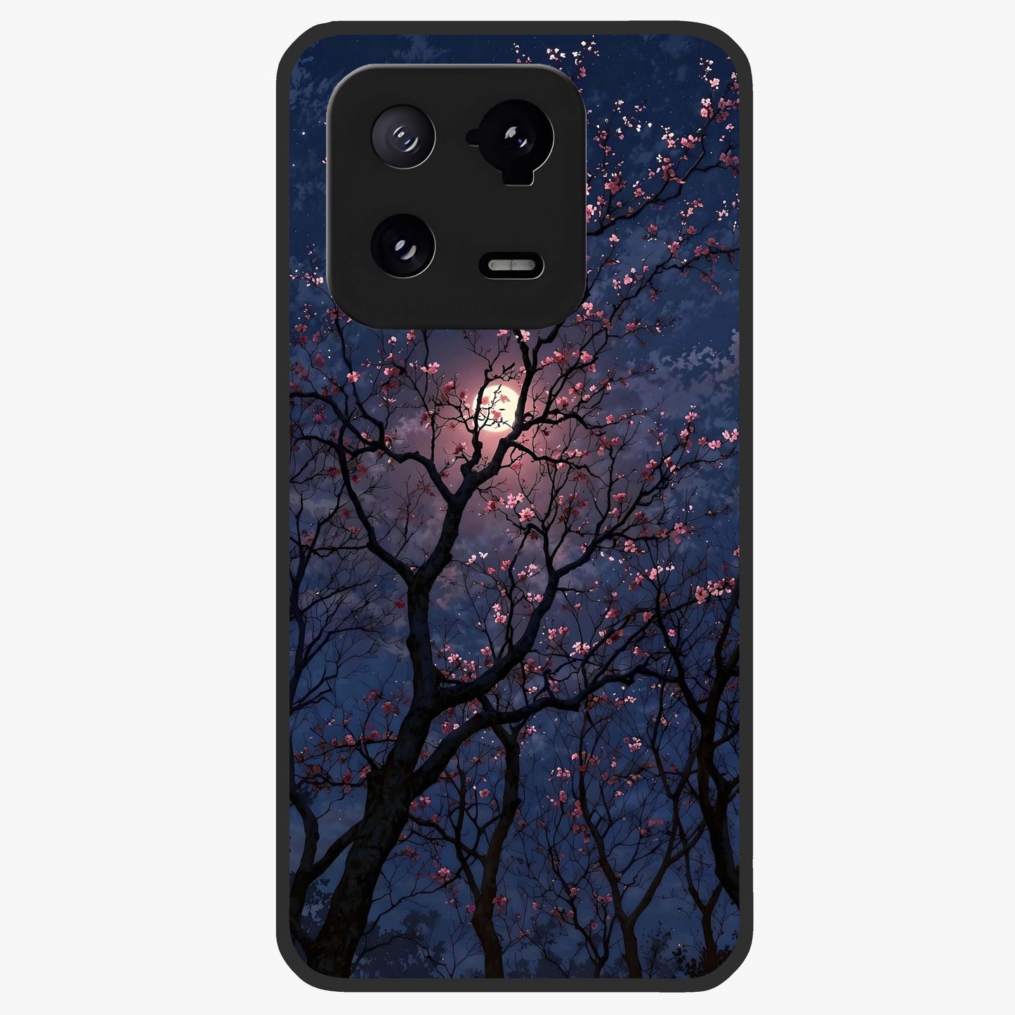 Twilight Sakura Serenade Glass Case showing flat back view with cherry blossom artwork at twilight and glossy glass finish.