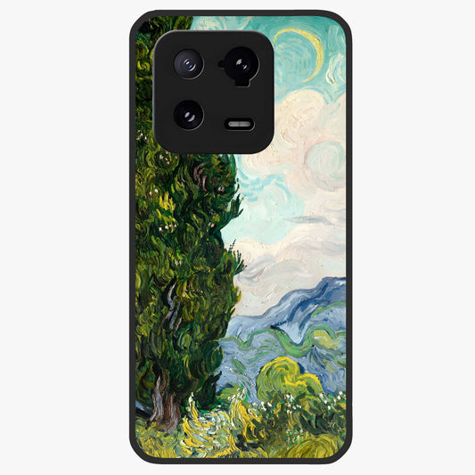 Van Gogh Vintage Art Glass Case showing flat back view with vintage painterly artwork inspired by Van Gogh style and glossy glass finish.