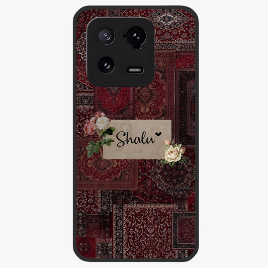 Velvet Wine Pattern Custom Name Glass Case showing flat back view with elegant wine colored pattern artwork and personalized name design.
