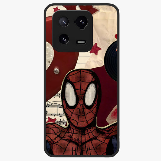 Web Warrior Vibes Glass Case showing flat back view with superhero inspired web themed artwork and glossy glass finish.