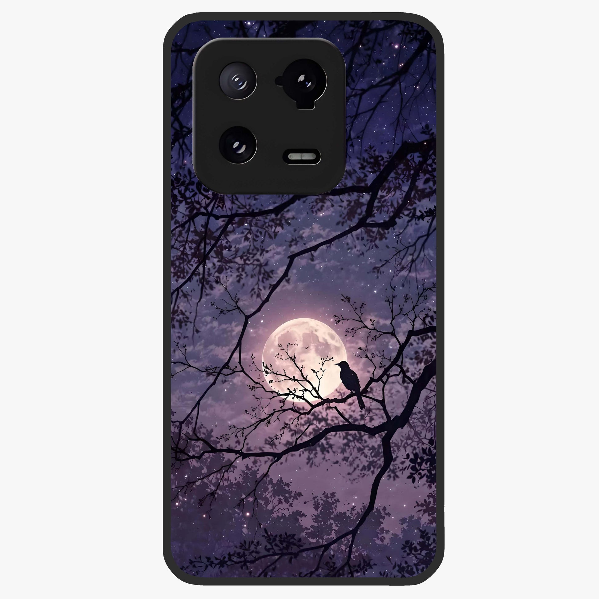Whispering Moon Silence Glass Case showing flat back view with serene moon themed artwork and glossy glass finish.