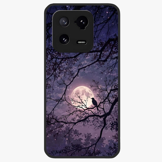 Whispering Moon Silence Glass Case showing flat back view with serene moon themed artwork and glossy glass finish.