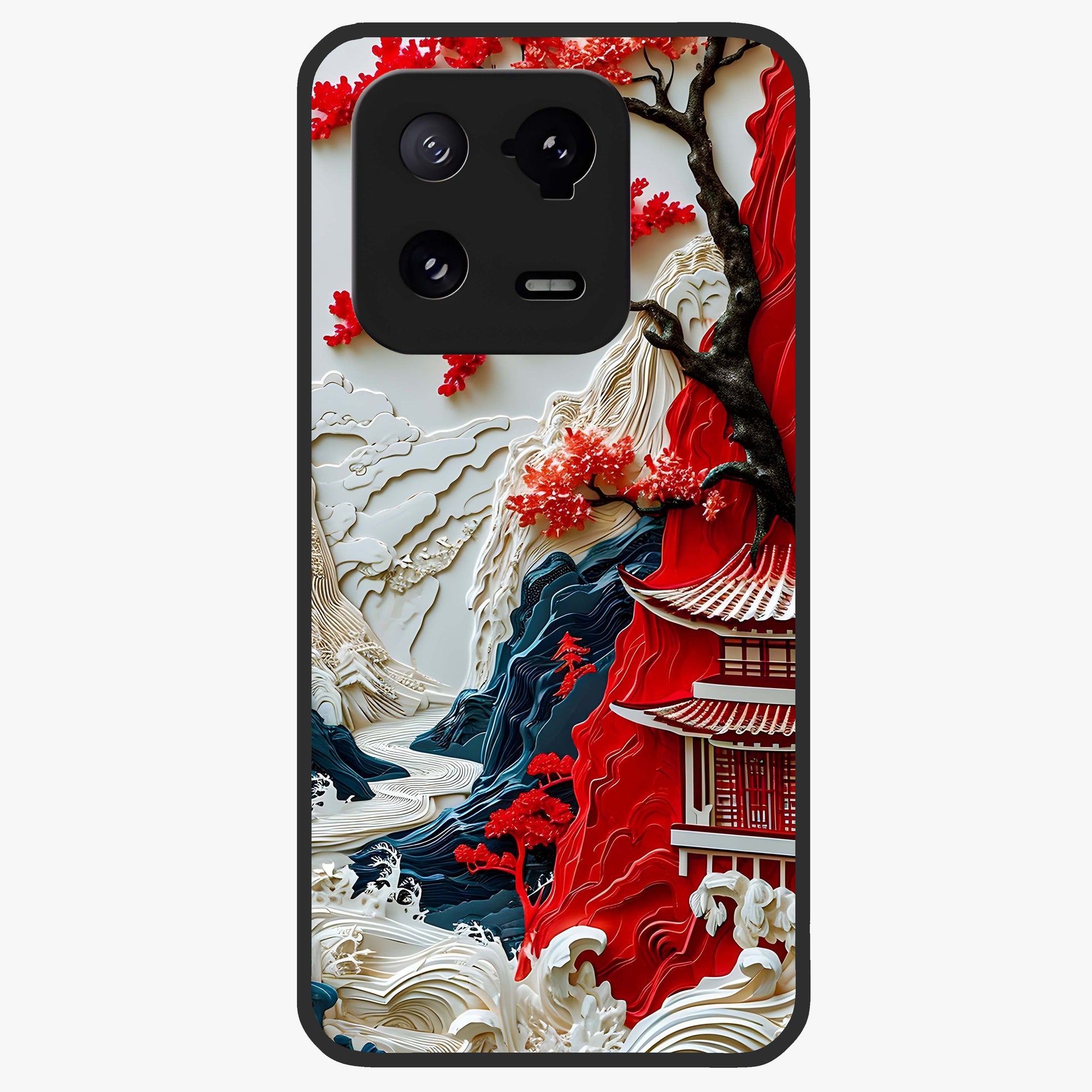 Whispers Of Sakura Waves Glass Case showing flat back view with cherry blossom wave artwork and glossy glass finish.