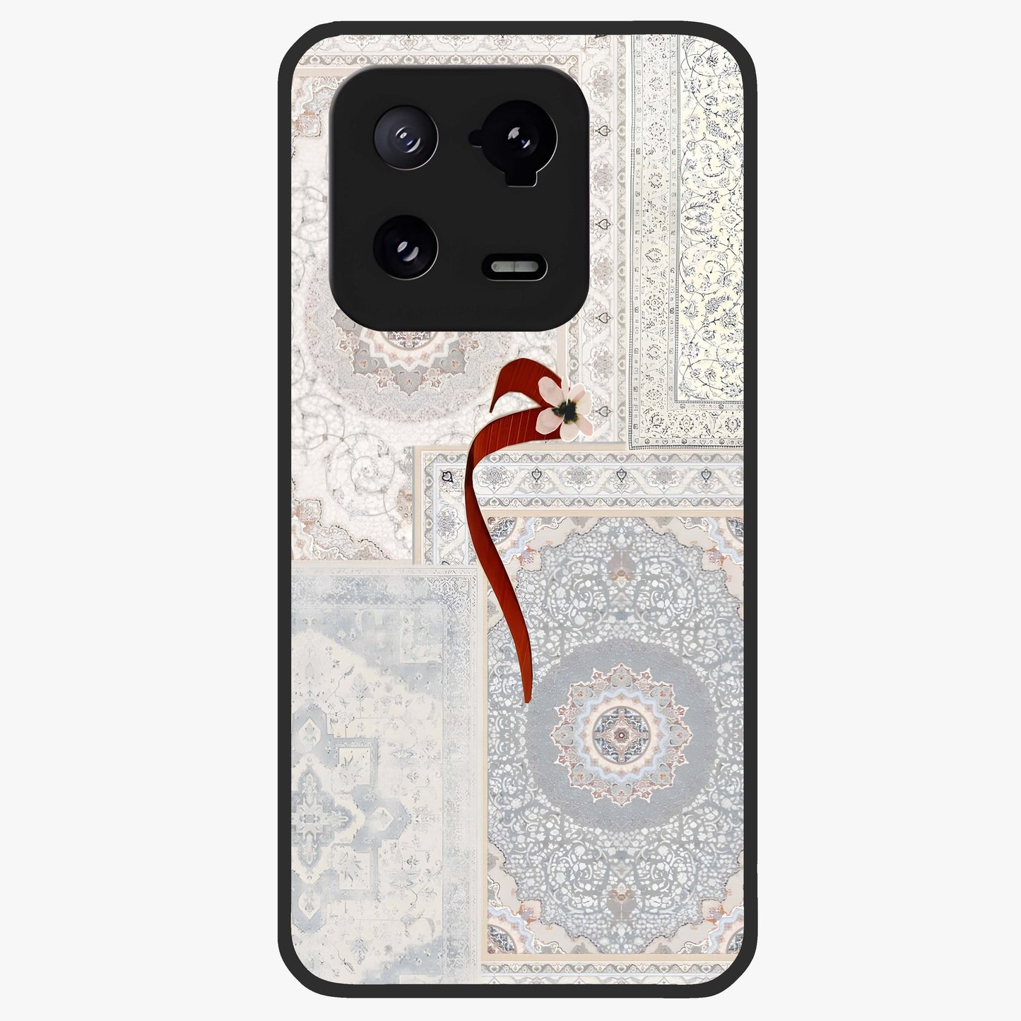 White Aesthetic Bow Glass Case showing flat back view with minimal bow artwork and glossy glass finish.