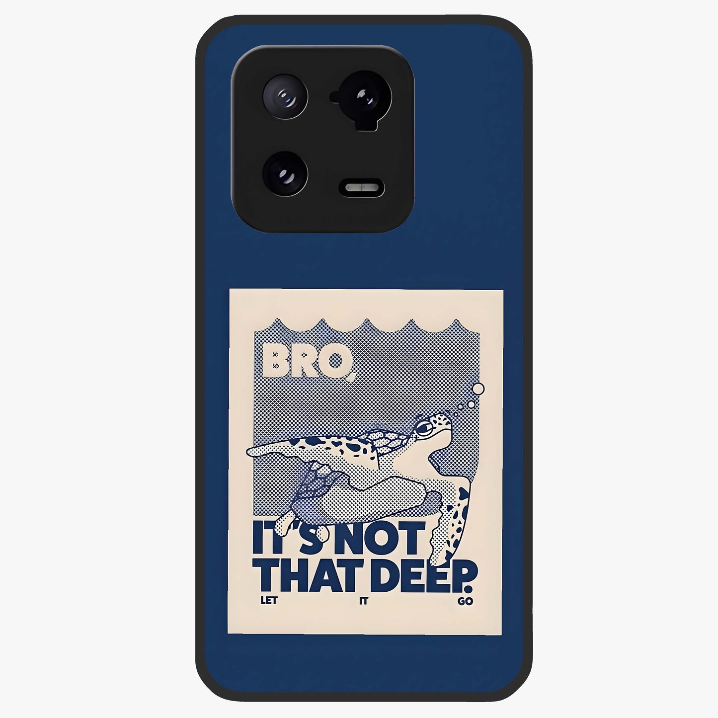 Worry Less Swim Glass Case showing flat back view with playful motivational artwork and glossy glass finish.