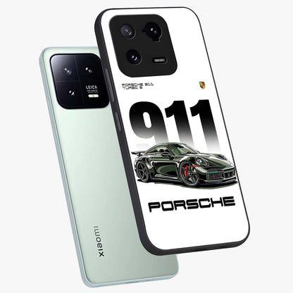 911 Turbo Dominance Glass Case displayed in premium angled mockup highlighting sporty car illustration and sleek glass surface.