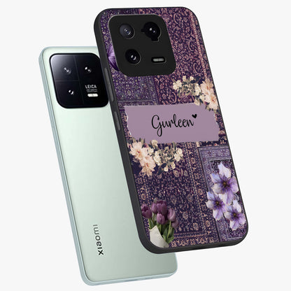 Antique Floral Whisper Custom Name Glass Case displayed in angled mockup highlighting elegant antique floral aesthetic.