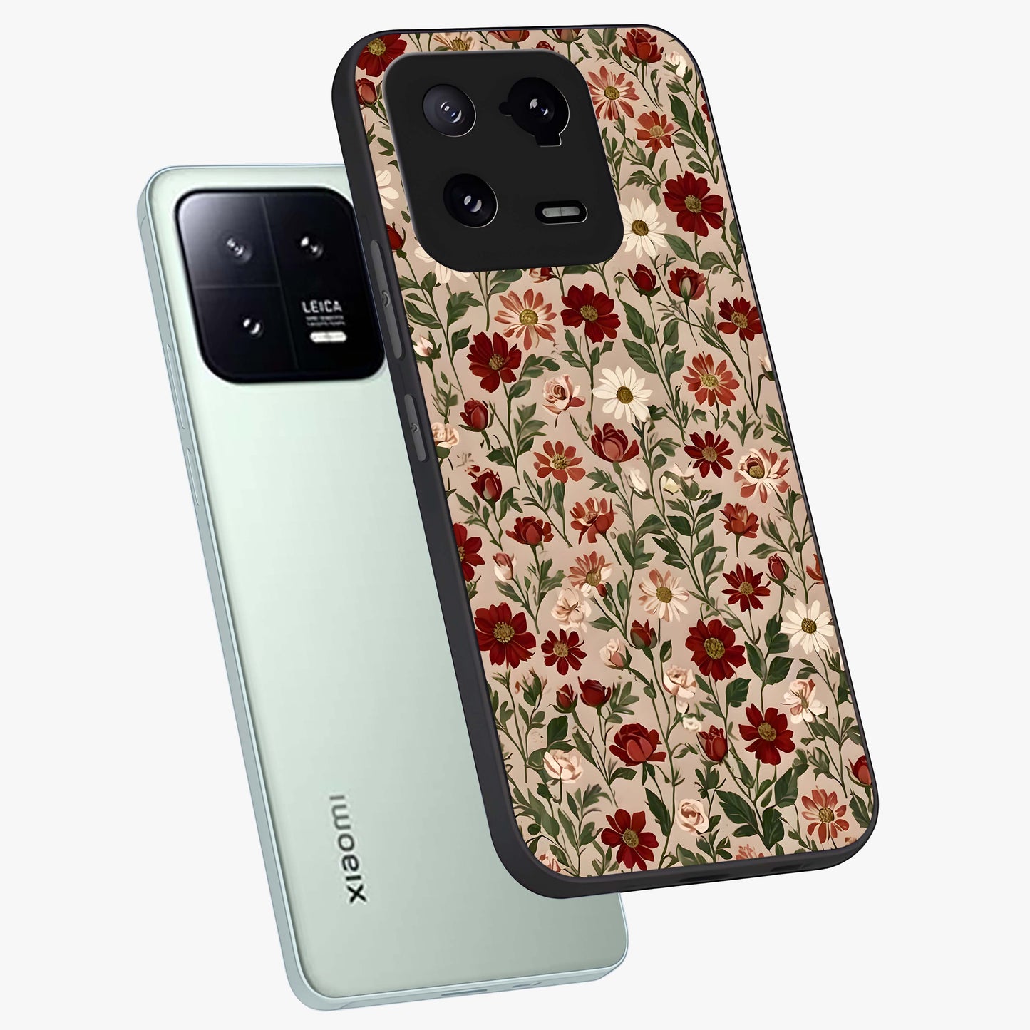 Biege Flower With Leaf Glass Case displayed in angled mockup highlighting minimal floral leaf design and elegant aesthetic.
