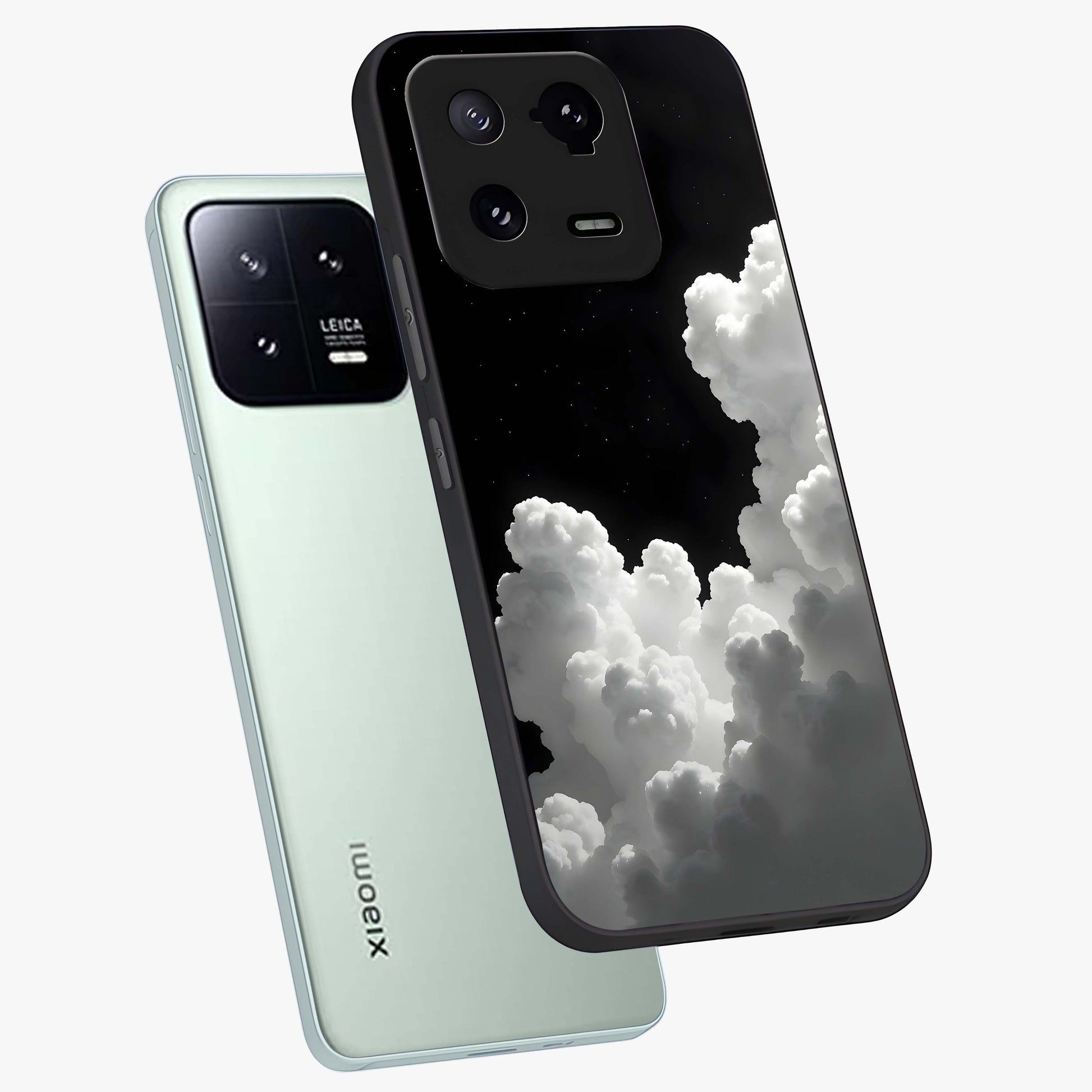 Black Background With White Cloud Glass Case displayed in angled mockup highlighting soft white cloud illustration and minimal design.