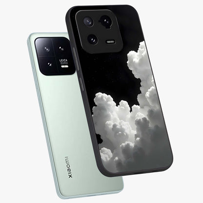 Black Background With White Cloud Glass Case displayed in angled mockup highlighting soft white cloud illustration and minimal design.