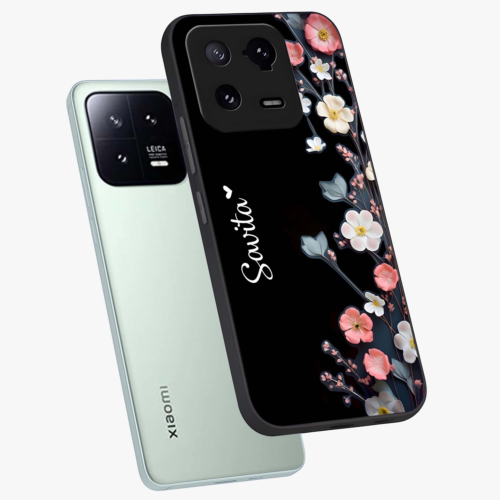 Black Elegance Floral Custom Name Glass Case displayed in angled mockup highlighting dark floral aesthetic and custom name feature.