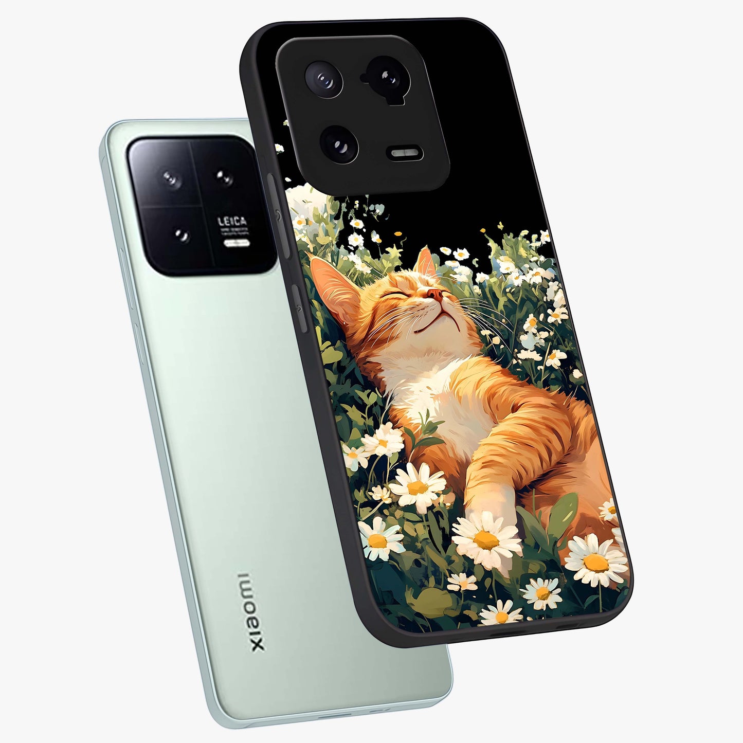 Blissful Bloom Cat Glass Case displayed in angled mockup highlighting playful feline illustration with soft floral aesthetic.