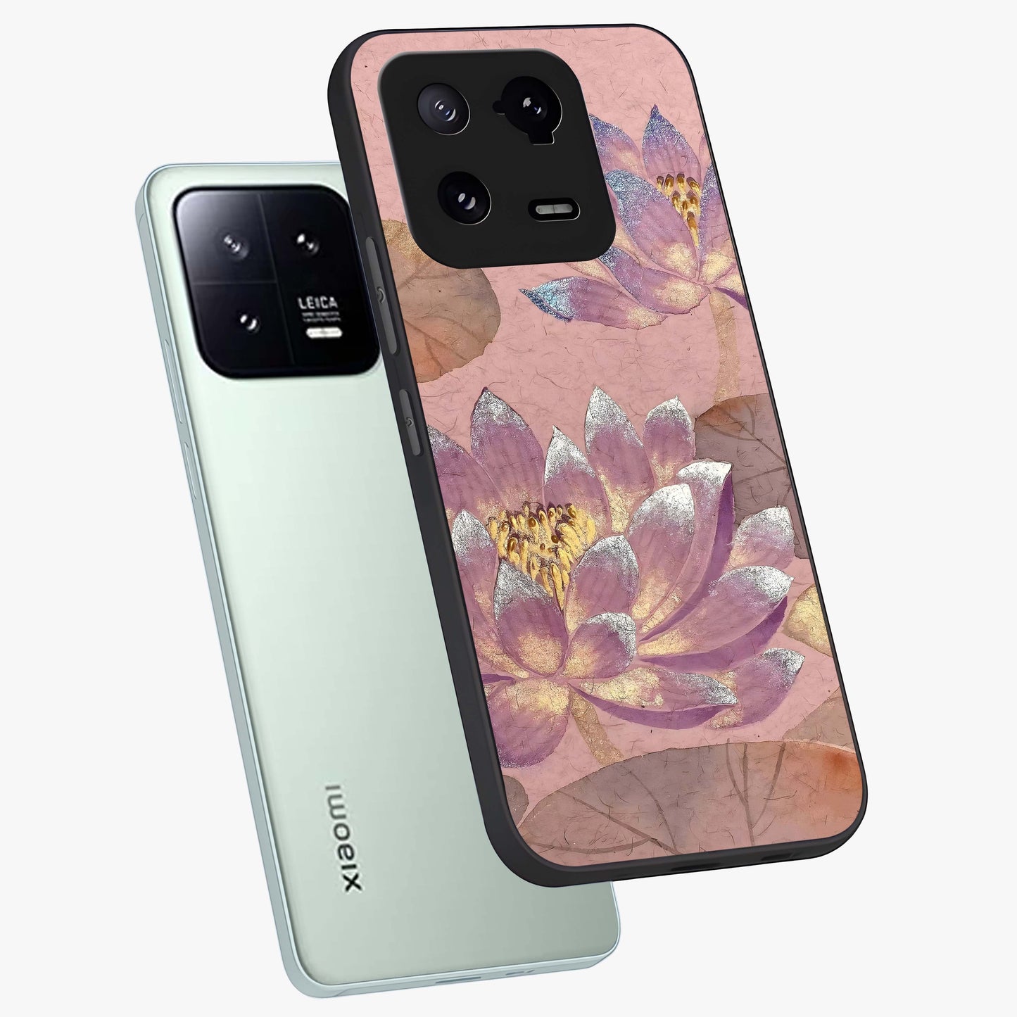 Blossom Mist Lotus Glass Case displayed in angled mockup highlighting delicate lotus illustration with calm aesthetic theme.