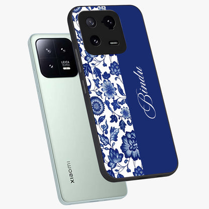 Blue Vintage Floral Pattern Glass Case displayed in angled mockup highlighting subtle bloom pattern with aesthetic pastel design.