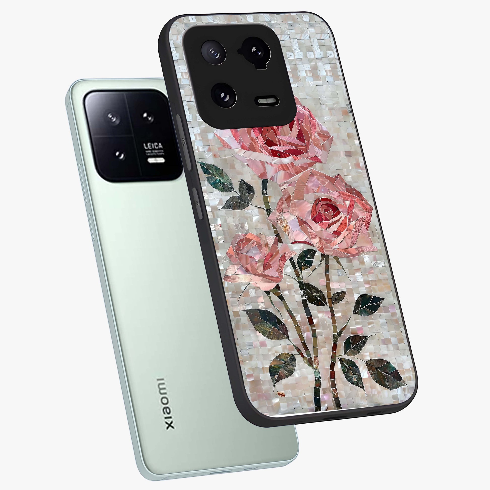 Blush Mosaic Bloom Glass Case displayed in angled mockup highlighting artistic mosaic flower pattern with aesthetic design.