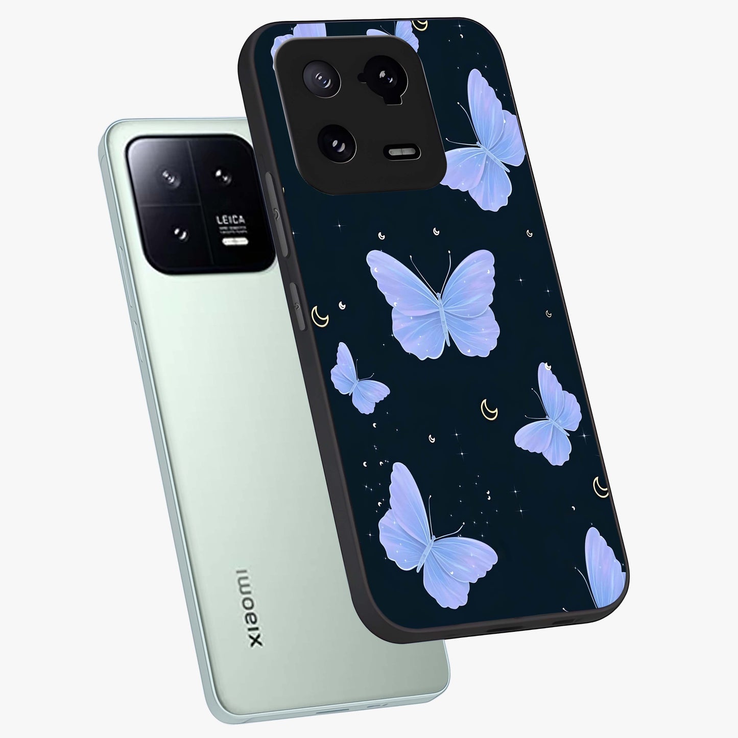 Butterfly With Stars Pattern Glass Case displayed in angled mockup highlighting dreamy butterfly and star design with aesthetic theme.