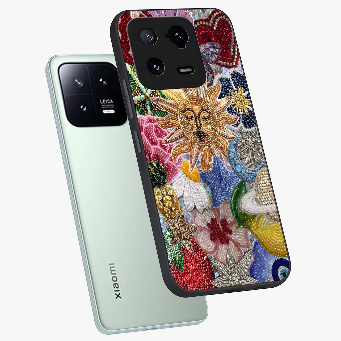 Celestial Floral and Playful Glass Case displayed in angled mockup highlighting playful floral design with dreamy celestial elements.