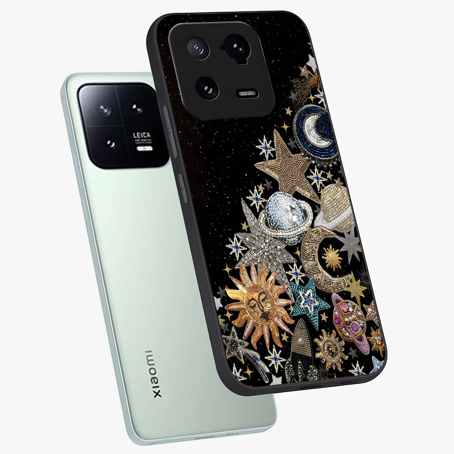 Cosmic Sparkle Dreams Glass Case displayed in angled mockup highlighting dreamy star sparkle design with celestial aesthetic.