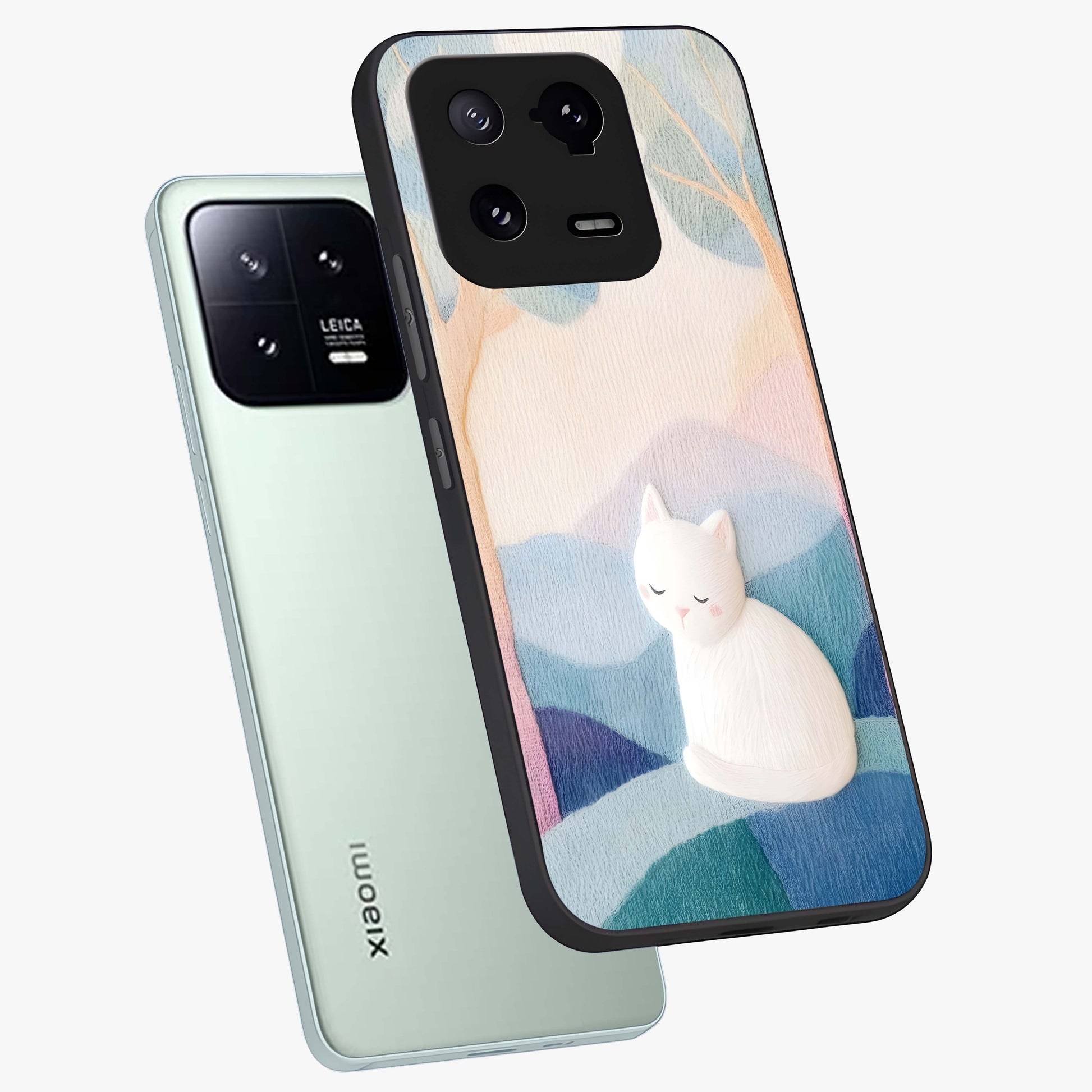 Cotton Dream Cat Glass Case displayed in angled mockup highlighting cute feline illustration with pastel aesthetic style.
