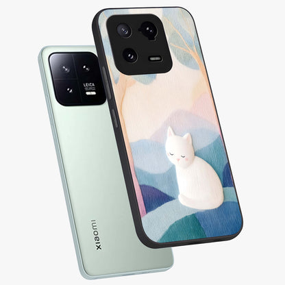 Cotton Dream Cat Glass Case displayed in angled mockup highlighting cute feline illustration with pastel aesthetic style.