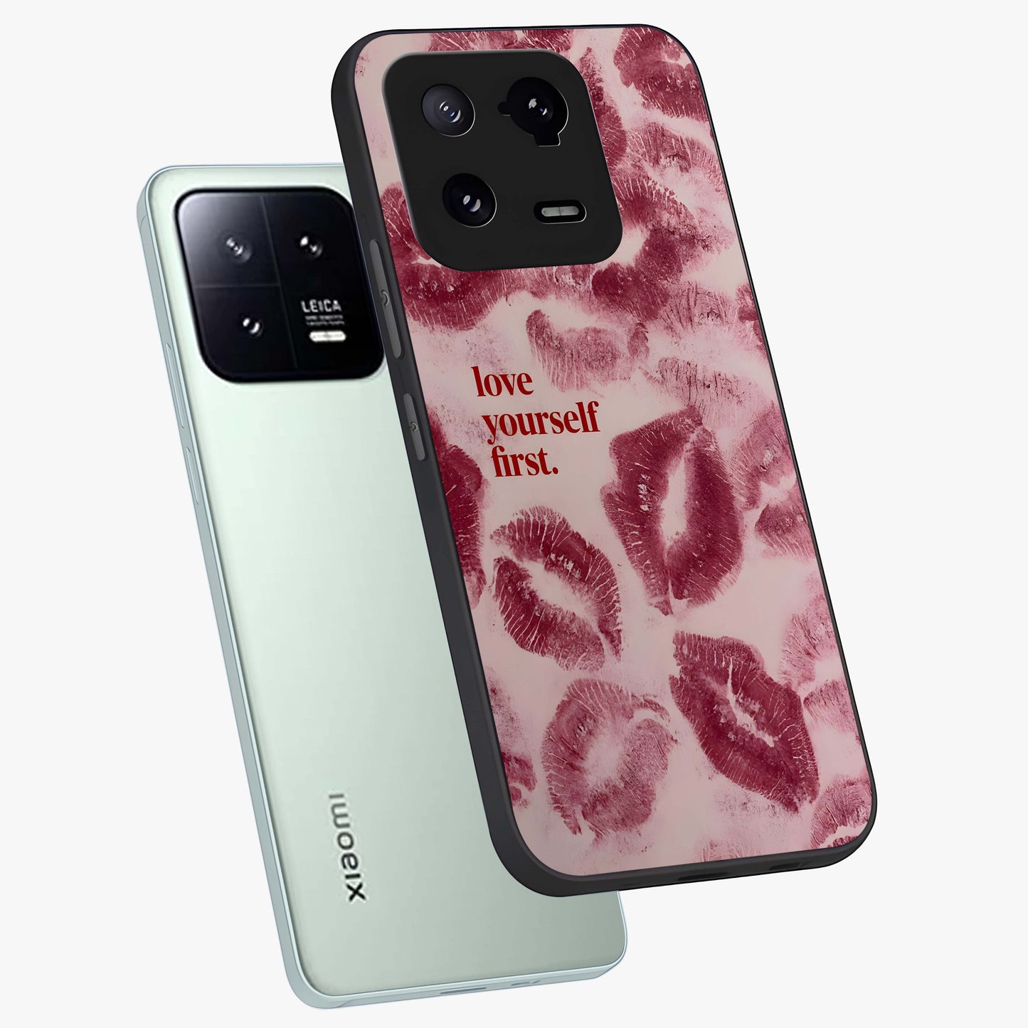 Crimson Kiss Love Glass Case displayed in angled mockup highlighting bold love inspired design with modern aesthetic style.