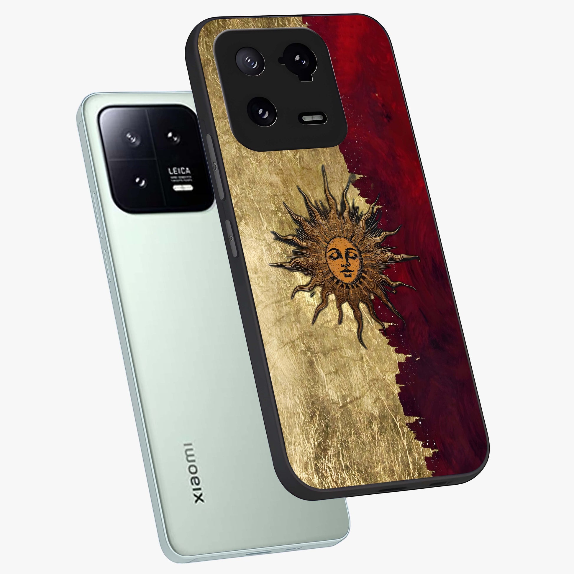 Crimson Sun Majesty Glass Case displayed in angled mockup highlighting majestic crimson sun design with bold aesthetic style.