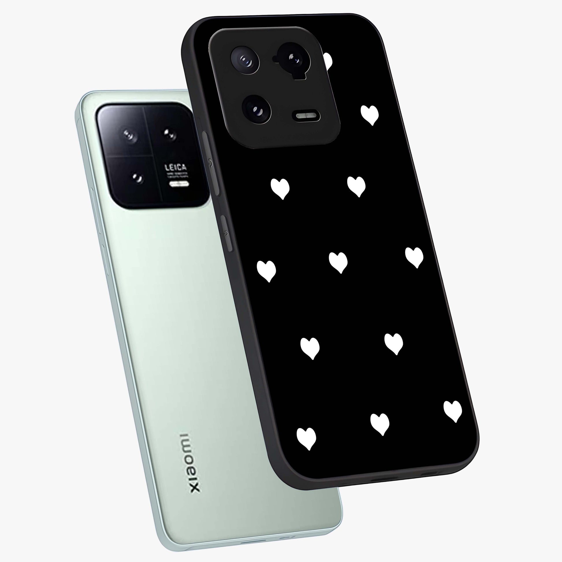 Cute And Simple White Hearts Glass Case displayed in angled mockup highlighting cute heart design with clean aesthetic style.